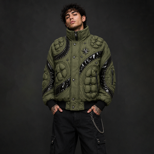 Parka d'hiver personnalisée pour homme, matelassée, à clous, effet bulle, en cuir verni brillant, patchwork, coupe oversize, verte, chaude, style streetwear - Product Image 2
