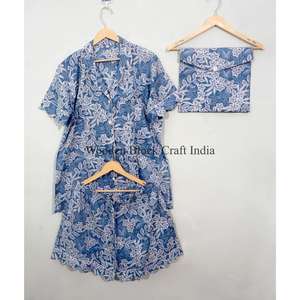 Conjunto de Pijama de Verano 100% Algodón Puro, Elegante y Clásico, con Estampado a Mano, Pantalones Cortos Tipo Canguro con Bolsillos, Suave y Transpirable - Product Image 5