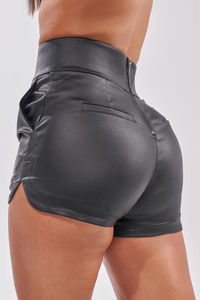 Women's Black 2-Piece Shorts <b>Set</b> Short Sleeve O-Neck Crop Top High Waist Leather Look Shorts Lace Up Heels <b>Sexy</b> Club Wear Spring - Product Image 3