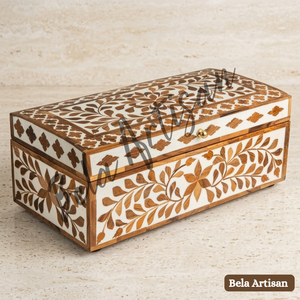 Caja de Almacenamiento Rectangular de Madera de Lujo con Incrustaciones de Hueso Hechas a Mano, Diseño Floral que Ahorra Espacio, para Decoración del Hogar, Regalo - Product Image 2