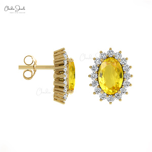 Pendientes Delicados de Oro Sólido de 14K Hechos a Mano con Zafiro Amarillo Natural de 1.16CTW y Halo de Diamantes a Precio de Fábrica - Product Image 3