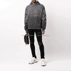 Fabricants de sweats à capuche OEM Vintage High Street Distressed Applique Hommes Sweat à capuche Broderie Patch No String Stone Wash Hoodies Hommes - Product Image 3