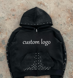 Sudadera con capucha negra extragrande para hombre con detalles de pedrería y logotipo personalizado impreso en la parte delantera, ropa informal de otoño - Product Image 3