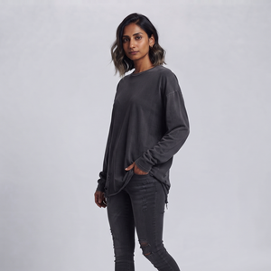T-shirt ample et délavé à col rond pour femme, manches longues, en coton, coupe décontractée, couleur unie, style streetwear - Product Image 4