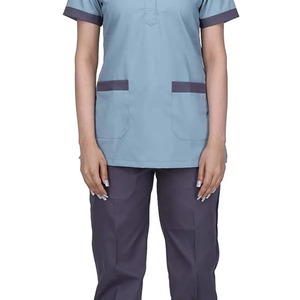 Women's Light Blue <b>Scrub</b> Top Short Sleeve With Pockets Hospital Uniform Woven Cotton Polyester Blend - Product Image 4