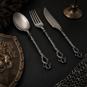 Ustensiles en acier réutilisables avec étui de rangement en cuir, ensemble de couverts médiévaux artisanaux, cuillère, fourchette, couteau, vaisselle de table - Product Image 6