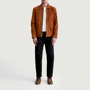 <b>Men's</b> <b>Brown</b> <b>Suede</b> Bomber <b>Jacket</b> Turn-down Collar Zipper Closure Casual Autumn Wear - Product Image 1