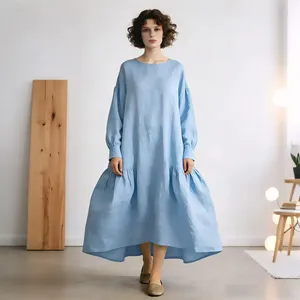 เดรสผ้าฝ้ายลินินสไตล์มินิมอลสำหรับผู้หญิง สีฟ้าอ่อน ทรงหลวม แขนยาว - Product Image 4