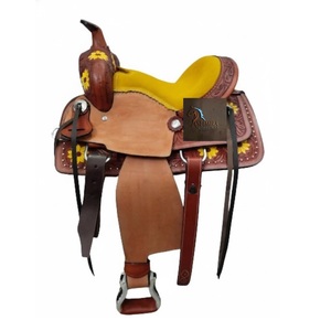 Floral <b>Hand</b> Tooled Painted Brown Leather Western Barrel Horse Saddle Metal Conchos Yellow Padded Seat Studded Latigo Straps LLT - Product Image 1