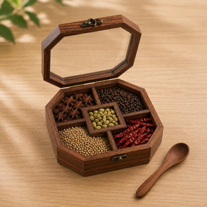 Boîte à épices en bois faite à la main, organisateur de masala indien, boîte à épices à 5 compartiments, boîte de rangement de cuisine - Product Image 2