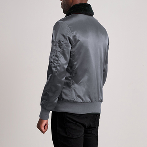 Men Classic Grey Satin Bomber <b>Jacket</b> with Black Faux Fur Collar Zipper Up Shiny Silk Flight <b>Jacket</b> Casual Winter Outerwear Coat - Product Image 6