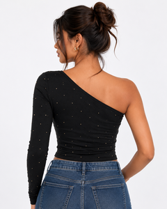Chemisier asymétrique noir scintillant à une épaule pour femme, coupe ajustée, manches longues, en coton tricoté, avec logo personnalisé - Product Image 5