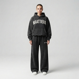 Conjunto de Sudadera con Capucha Oversize Negra Lavada y Pantalones Anchos de Felpa para Mujer, Chándal de Algodón, Venta al por Mayor OEM ODM - Product Image 1