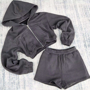 Custom Logo Set 100% Cotton Oversized Women 2 Piece Sweat Suit <b>Cropped</b> Top <b>Zip</b> <b>up</b> Hoodie and Shorts Set for Women - Product Image 2