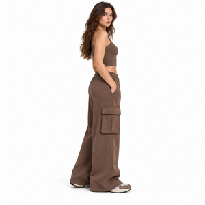 Pantalon de jogging cargo décontracté marron chocolat pour femme, coupe large, taille élastique avec cordon de serrage, poches utilitaires, style streetwear - Product Image 5