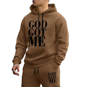 Men's Hooded Tracksuit Set God Got Me Print Cotton Casual Autumn Full Sleeve Drawstring Sweatshirt and Pants Regular Fit - Product Image 1