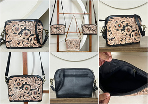 Premium Hand Tooled Leather Crossbody Handbags Floral Carved Design Women Western Style Compact Genuine Leather <b>Shoulder</b> Bags - Product Image 3