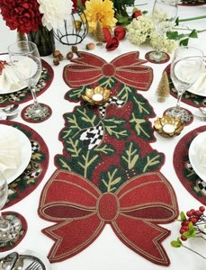 Christmas Table Runner with <b>Red</b> <b>Bow</b> and Holly Design Fabric Mats for Dining Table Decoration - Product Image 3