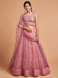 Pink Satin Maxi Net Evening Dress Set <b>Sequin</b> Embroidered A-Line Lehenga Blouse and Dupatta Wedding <b>Party</b> Outfit - Product Image 3