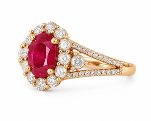 Anillo de lujo con halo de gema roja ovalada y detalles de diamantes redondos y tallo dividido para mujer en oro de 10K, 14K, 18K y plata 925, 935 - Product Image 4