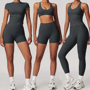 Ensemble de vêtements de sport trois pièces pour femmes, noir, extensible, haut court, débardeur et leggings, tenue de fitness décontractée pour femmes, coupe ajustée - Product Image 2