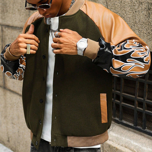Trendy Men Varsity Jacket, Wool Body PU Leather Flame Print Sleeves Streetwear Fashion Bomber Jacket Custom Brand Apparel - Product Image 1