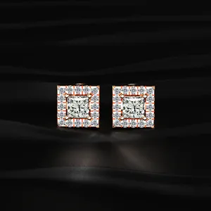 Pendientes de Diamantes con Corte Princesa y Halo, Claridad VVS-VS, Diamantes Reales con Certificado IGI, Pendientes Minimalistas - Product Image 1