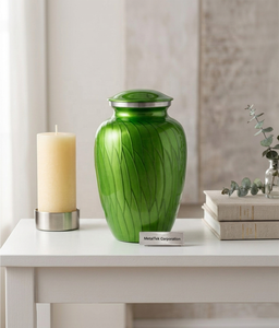 Authentic Handcrafted Green Aluminum Cremation Urn Large Capacity Secure Thread Lid Velvet Base Decorative Memorial Funeral Urns - Product Image 1