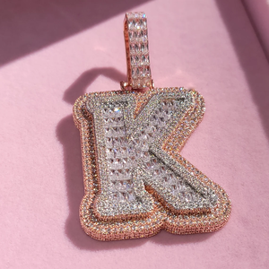 Bling Micro Pave Moissanite Baguette Letter K <b>Pendant</b> Hip Hop Jewelry Custom Alphabet Nameplate <b>Initial</b> Charm <b>Pendant</b> - Product Image 1