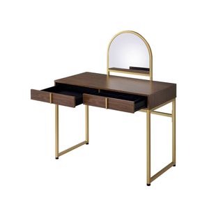 Coleen Walnut and Gold Finish <b>Makeup</b> <b>Vanity</b> Desk with Mirror and Jewelry Tray - Product Image 6