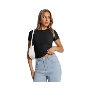 Camiseta de Algodón Elástica Ajustada de Alta Calidad para Mujer, Color Sólido, Manga Corta, Lisa, Informal, Verano, Talla Grande, Logotipo Personalizado - Product Image 5