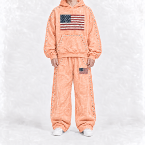Chándal unisex verde con capucha, manga larga, estampado de bandera americana, ropa de calle, corte holgado, de algodón, para otoño - Product Image 2
