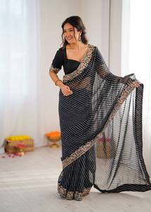 Sari en soie noire élégant avec broderie imprimée Bandhani pour mariage, style traditionnel indien pakistanais, longueur au sol, pour femmes - Product Image 5