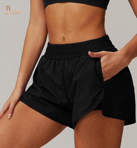 Shorts de sport décontractés pour femmes, double couche, pour yoga, fitness, gym, motif uni, haute élasticité, avec poche, course à pied, 100% coton - Product Image 1