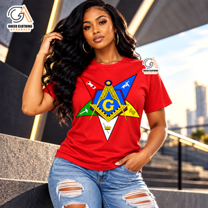 Camiseta Personalizada OES para Mujer, Talla Grande, Roja, con Bordado del Símbolo Masónico, Cuello Redondo, Letra Griega, Manga Corta, Ecológica, 300g, Algodón - Product Image 1