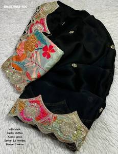 <b>Top</b> Quality Satin Chiffon with Applique work Butti & Border & Scallop Border Saree-Digital Print Colorful Blouse <b>Indian</b> Supplier - Product Image 3