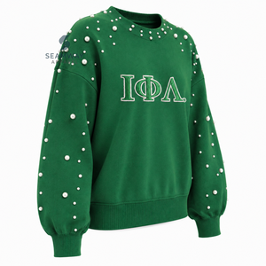Sweat-shirt décontracté en molleton de coton pour femme Iota Phi Lambda, orné de perles, col rond, avec lettres grecques brodées, pour sororité - Product Image 2