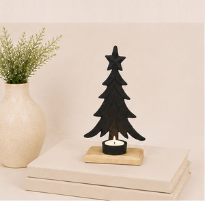 Modern Matte Black Metal Christmas Tree <b>Tea</b> <b>Light</b> <b>Holder</b> With Rustic Wooden Base Elegant Xmas Table Centerpiece & Festive Home - Product Image 4