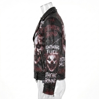 Blouson en cuir graphique d'horreur style clown gothique, avec sourire maléfique et sinistre, clouté, style motard, vêtement d'extérieur, personnalisé, vente en gros, streetwear pour hommes