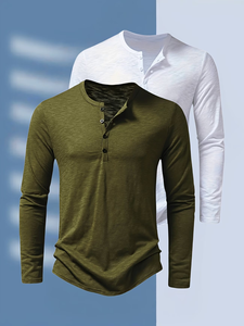 Men's Short Sleeve V-neck Henley T-Shirt Solid Color Knitted Slim Fit Casual Breathable 100% Cotton White Olive Green Button-Up - Product Image 1