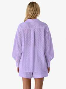 Women Lavender Button Down Shirt <b>and</b> Shorts <b>Set</b> <b>Long</b> Sleeve Turn Down Collar Loose Casual 2 Piece Outfit - Product Image 3