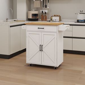 Carrello da Cucina Regolabile Bianco con Ruote, Porta Spezie, Portasciugamani e Piano in Legno di Gomma per Organizzazione - Product Image 3