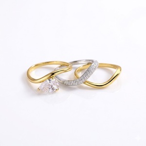 Luxury 14K/18K Solid Gold 925 Silver Three Wavy <b>Stacking</b> <b>Rings</b> 0.75ct Pear Cut Lab Grown Diamond Curved Wedding Band Bridal Set - Product Image 6