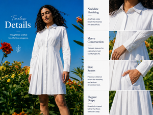Robe chemise élégante en coton pour femme, taille plissée, entièrement boutonnée, coupe trapèze, avec poches, pour le travail, couleur unie, vente en gros - Product Image 6