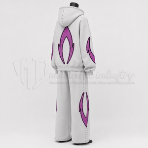 Ensemble de survêtement unisexe blanc avec sweat à capuche imprimé flamme violette et pantalon large, tenue décontractée streetwear - Product Image 4