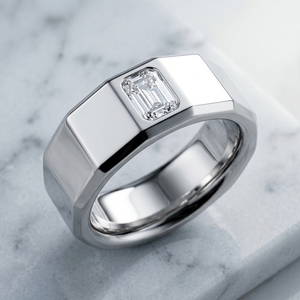 Anillo de Diamantes de Oro Blanco de 14K Hecho a Mano de Lujo, Corte Esmeralda, Solitario, Geométrico, con Banda de Sello, Diamante Cultivado en Laboratorio RaaMaa - Product Image 4