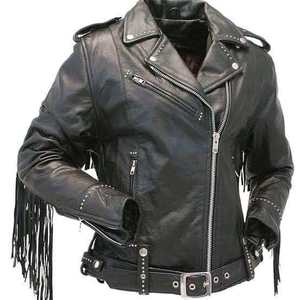 Chaqueta de Motociclista de Cuero Genuino Negro con Flecos y Cremallera para Hombre - Product Image 1