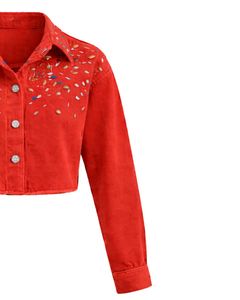 Chaqueta Vaquera Roja Corta Personalizada para Mujer con Adornos de Diamantes de Imitación en el Pecho, Botones y Manga Larga, Estilo Urbano - Product Image 4