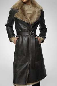 Manteau trench en cuir véritable pour femme avec col en fourrure, long, double boutonnage, vêtements d'extérieur d'hiver, style élégant - Product Image 3