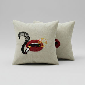 Funda de Almohada Cuadrada con Diseño de Labios Rojos Estilo Pop Art, Bordado a Mano, Diseño de Lápiz Labial, Decoración para el Hogar, Venta al Por Mayor de Fábrica - Product Image 1